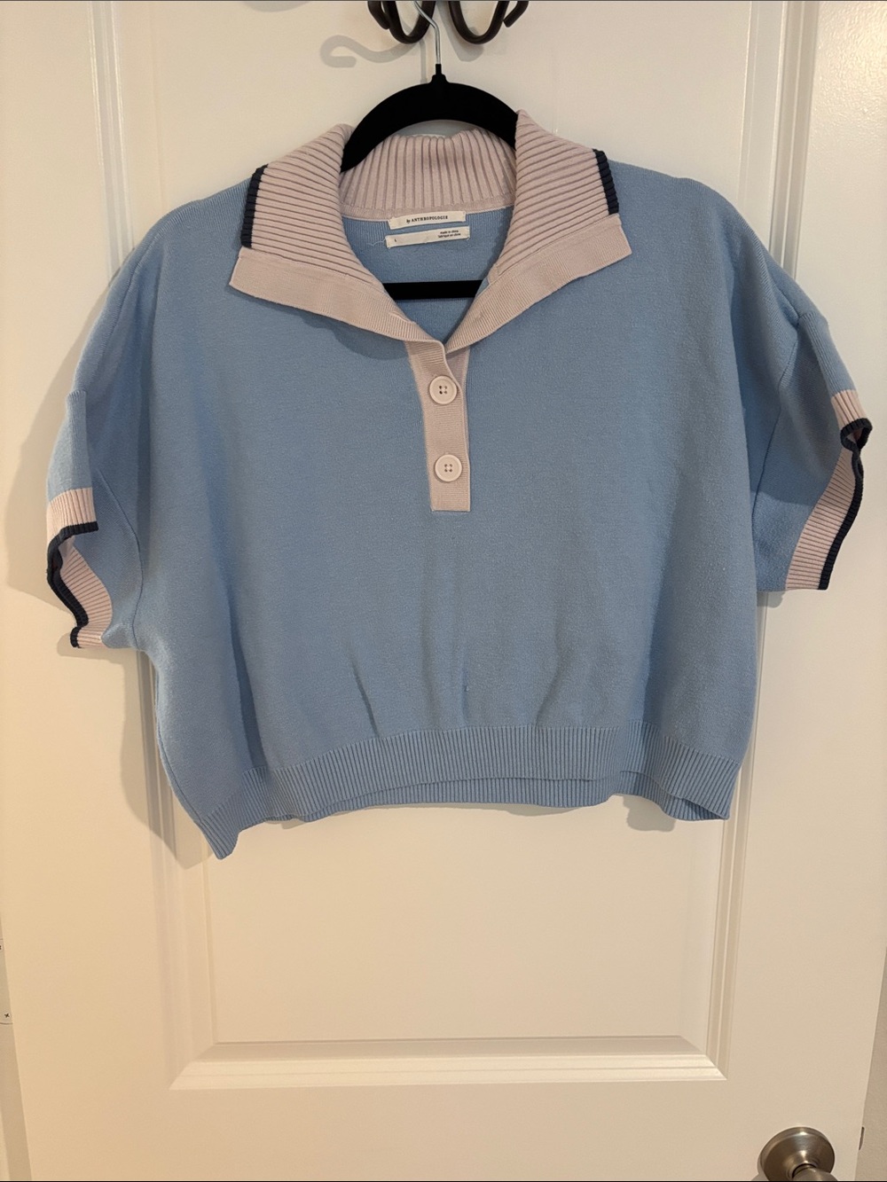 Anthropologie Light Blue Knit Polo Top with Lilac Trim